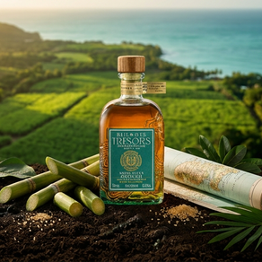 Bouteille de rhum Baie des Trésors, rhum agricole parcellaire AOC Martinique, issu de l'Exploitation Agricole du Galion fondée en 1849 sur la presqu'île de la Caravelle. Flacon carré à gravures topographiques conçu par Stranger and Stranger. Expressions Plein Soleil, Fleur du Vent et Fruits des Pluies.