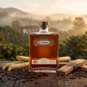 Bouteille de Ron Coloma, rhum colombien produit à l'Hacienda Coloma à Fusagasugá, à 1 700 mètres d'altitude. Élaboré par les maestras roneras Sandra Reategui et Judith Ramirez. Vieillissement en fûts de chêne américain avec finition en fûts de liqueur de café Coloma, 8 ou 15 ans d'âge.
