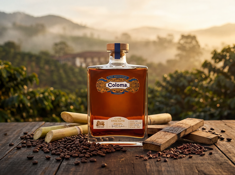 Bouteille de Ron Coloma, rhum colombien produit à l'Hacienda Coloma à Fusagasugá, à 1 700 mètres d'altitude. Élaboré par les maestras roneras Sandra Reategui et Judith Ramirez. Vieillissement en fûts de chêne américain avec finition en fûts de liqueur de café Coloma, 8 ou 15 ans d'âge.