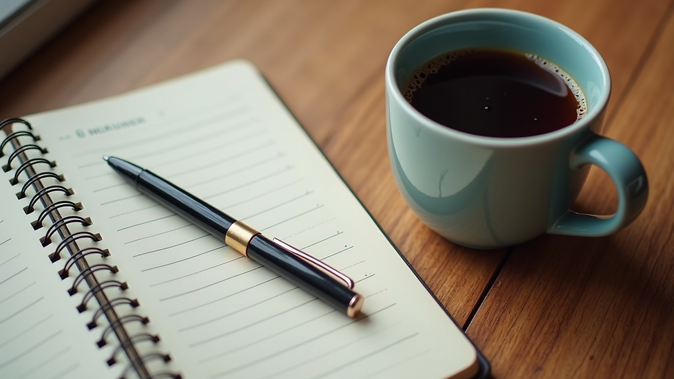 High angle view of a notebook and pen next to a cup of coffee on a table