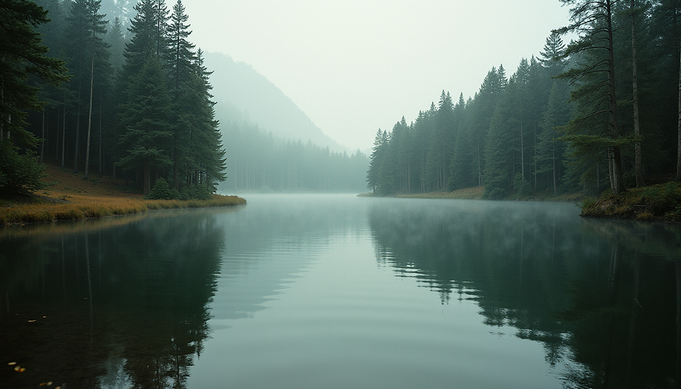 Misty lake surrounded by pine trees and mountains.