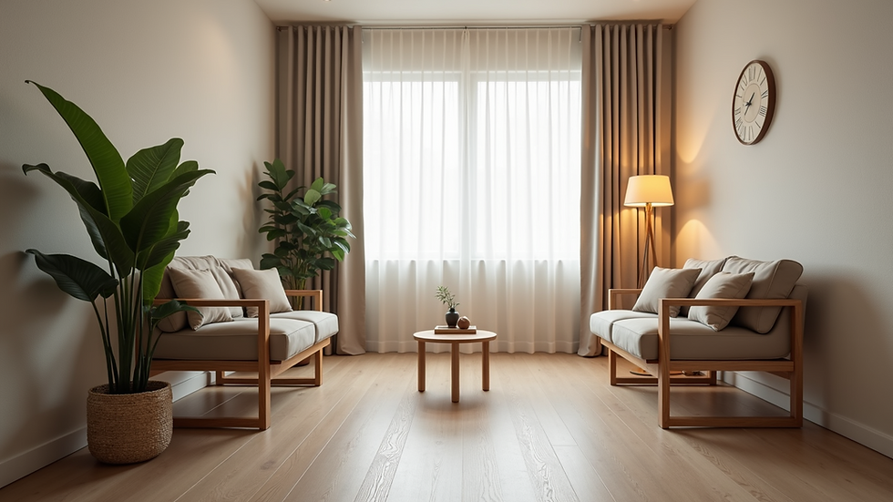 Eye-level view of a calm therapy room with comfortable chairs