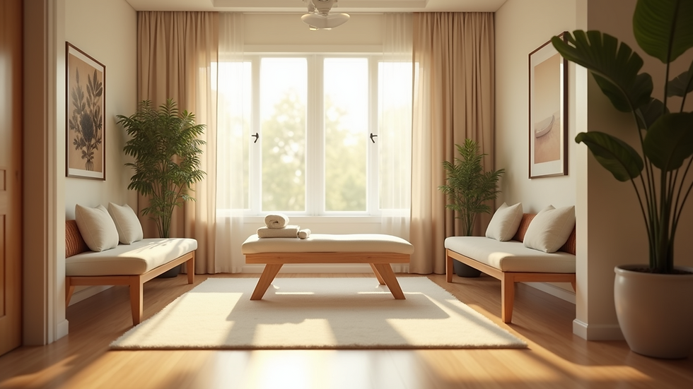 Eye-level view of a serene wellness center room with natural light