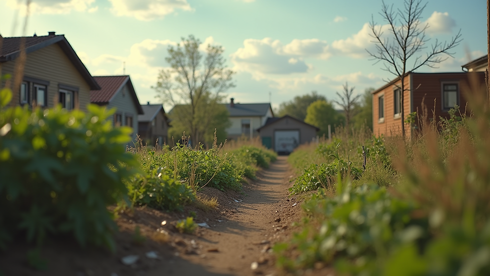 Eye-level view of a community garden in a war-affected area