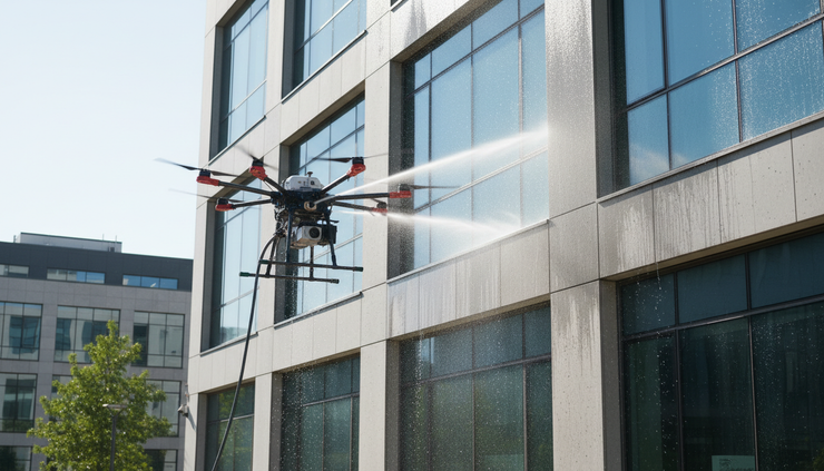 Wide-angle view of a cleaning drone spraying a tall building facade