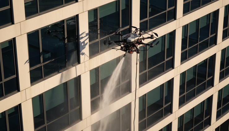 High-angle view of a cleaning drone working beside a multi-story glass and concrete facade