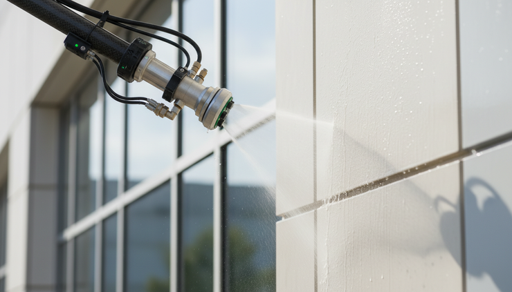 Close-up view of a cleaning drone nozzle applying soft wash solution to exterior wall panels