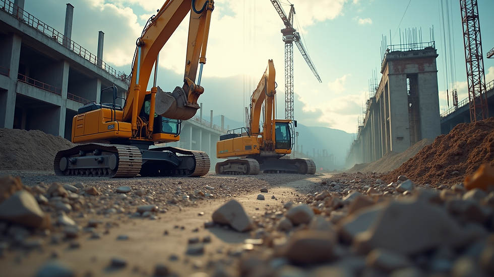 Eye-level view of a construction site with lifting equipment in action