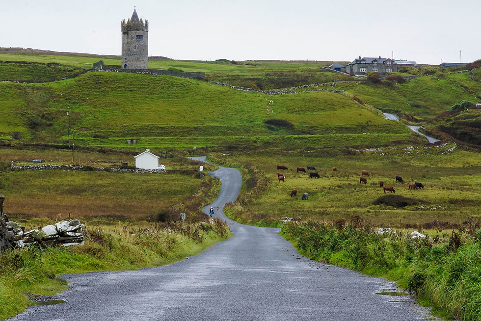 Walking the long, winding, narrow roads to Doonagore Castle.