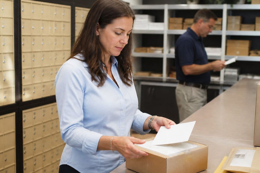 Professional mailbox facility interior with organized mail slots and package storage areas under bright, clean lighting