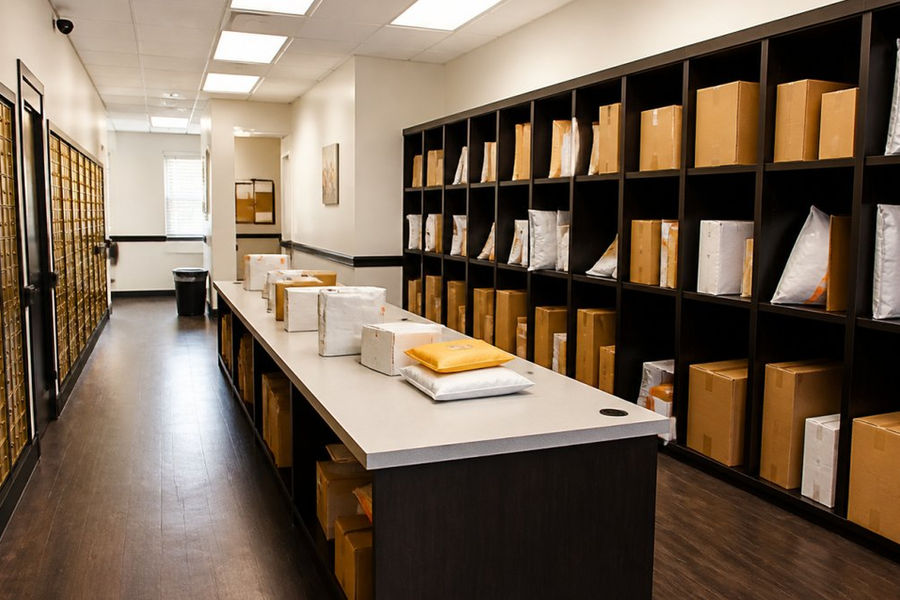 Professional mailbox lobby with organized mail slots, secure package cubbies, and climate-controlled storage areas showing multiple carrier delivery stations under bright fluorescent lighting