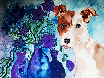 Flowers with dog portrait on rough paper