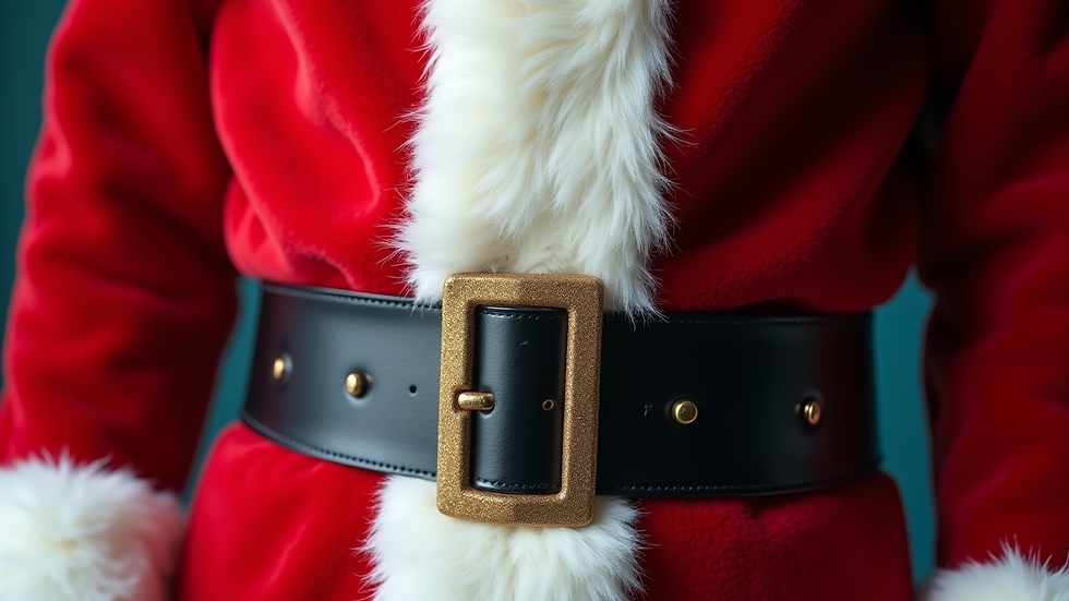 Close-up view of a classic Santa suit with white fur trim and black belt