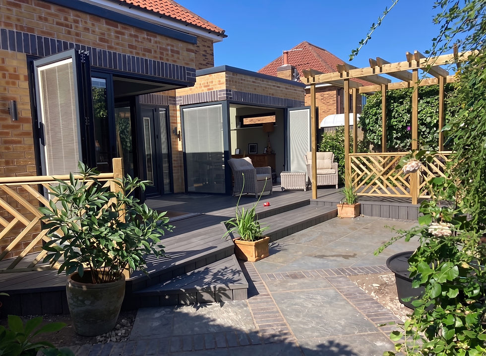 A detatched property in Beverley upon completion of the hard-landscape works. David Beasley Garden Design prepared the 3D drawings that the builder worked to and the client was delighted with the results.