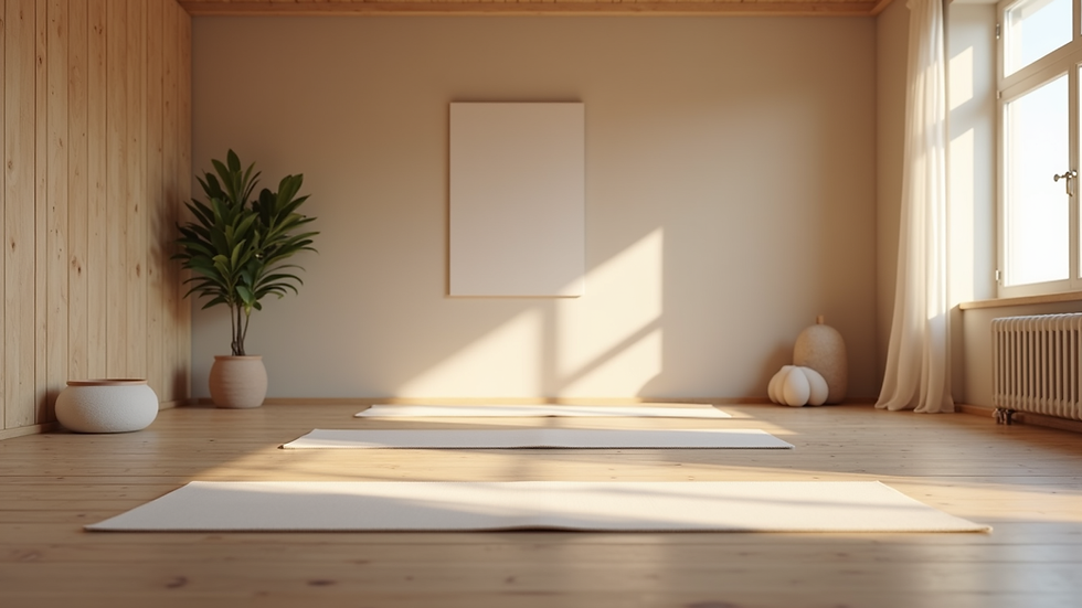Eye-level view of a serene yoga studio with mats and calming decor