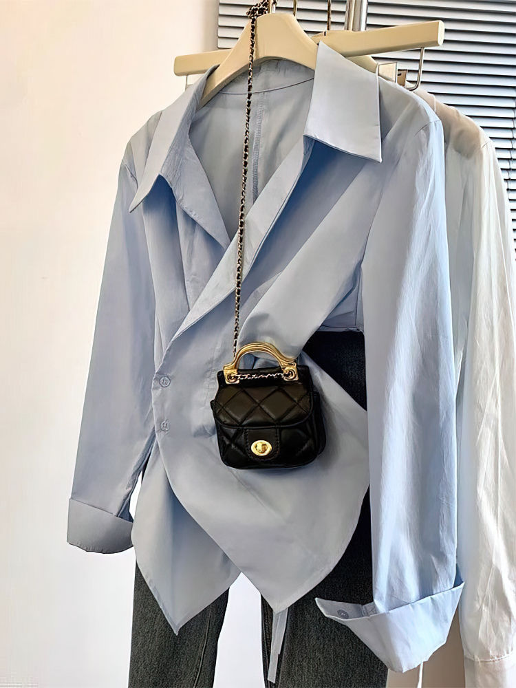 Miniatura: Designer Irregular Long sleeve Polo Shirt Women Tunic White Elegant Basic Top Bl