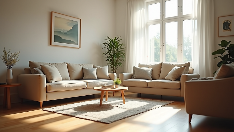 Eye-level view of a clean and organised living room with natural light