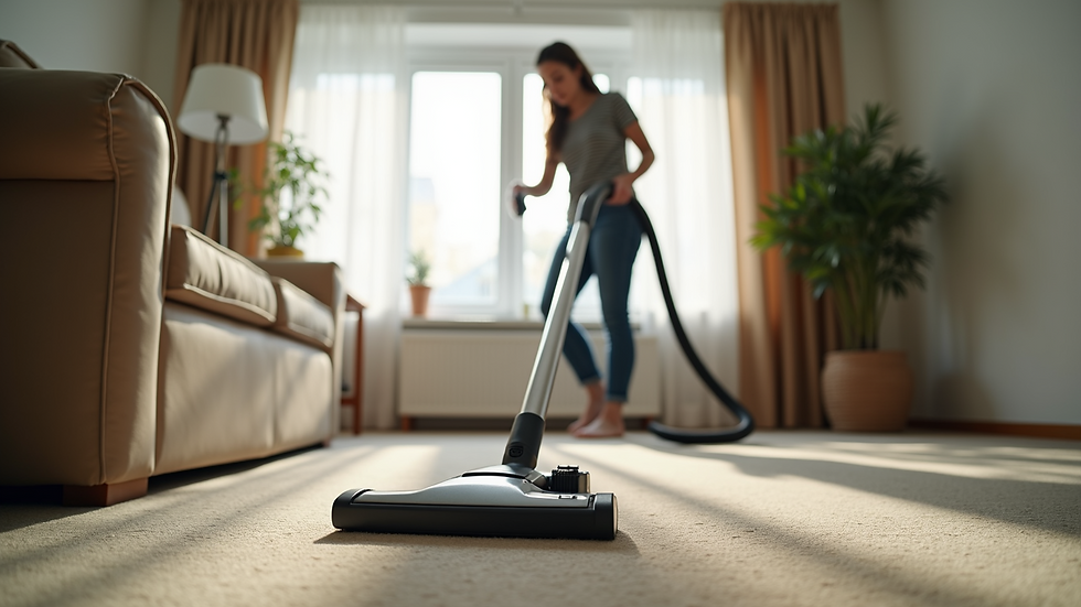 High angle view of a cleaner vacuuming a carpet in a living room