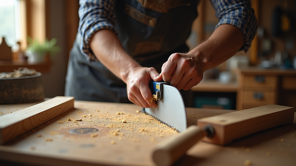 Close-up of carpenter using a saw to cut wood on a workbench