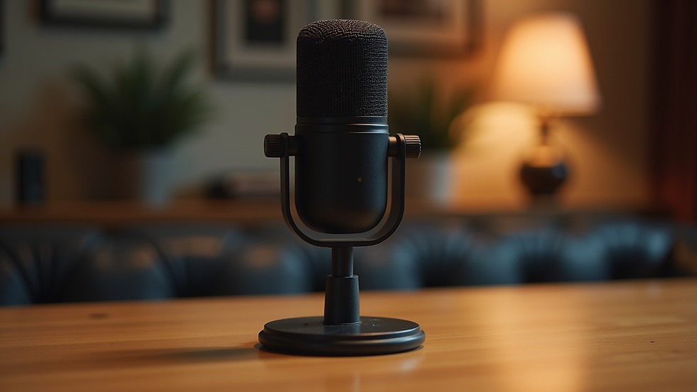 Eye-level view of a microphone on a wooden table