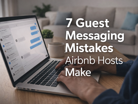 Airbnb host replying to guest messages on a laptop in a serviced accommodation property.