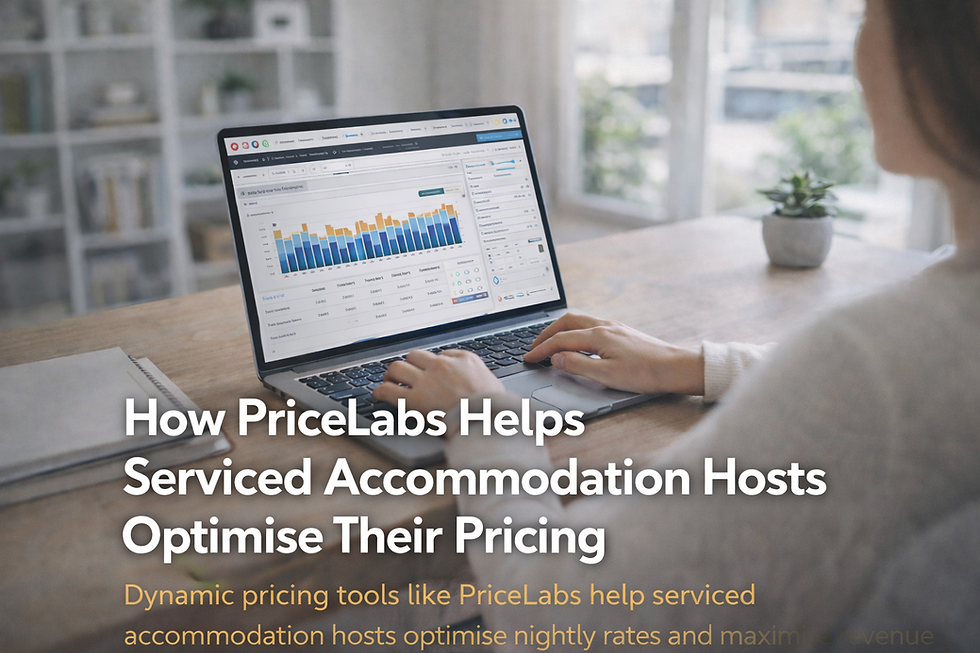 Serviced accommodation host reviewing dynamic pricing and booking data using PriceLabs software on a laptop.
