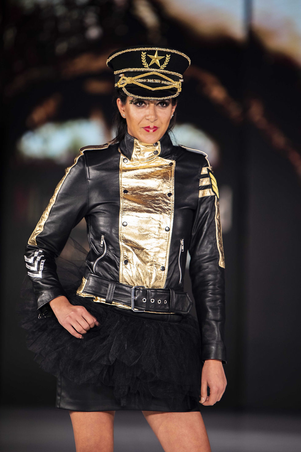Thumbnail: GEN- Black and Gold Military Leather Moto Jacket