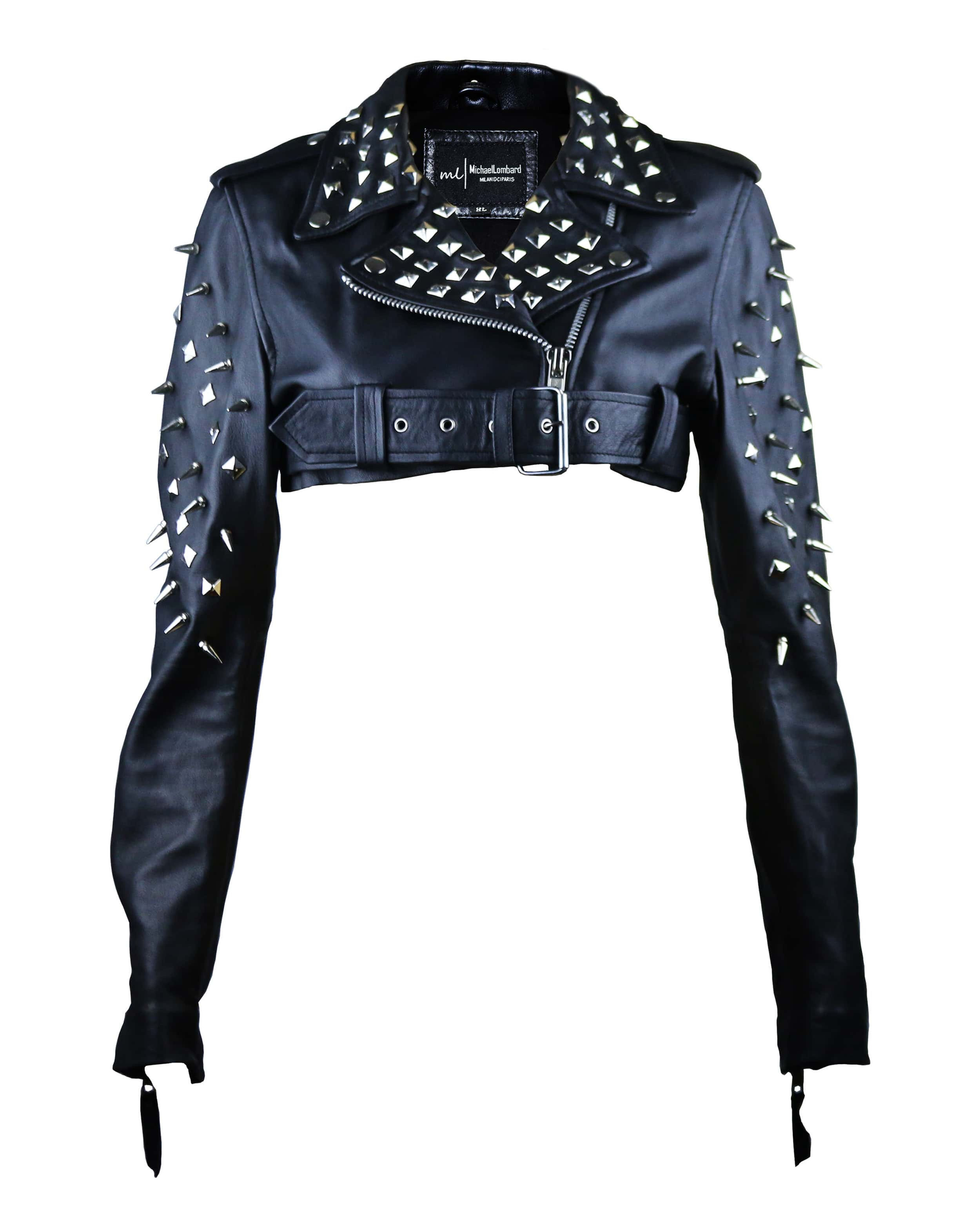 MINAJ- BLACK Studded And Spiked Sheepskin Leather Moto Bolero Jacket