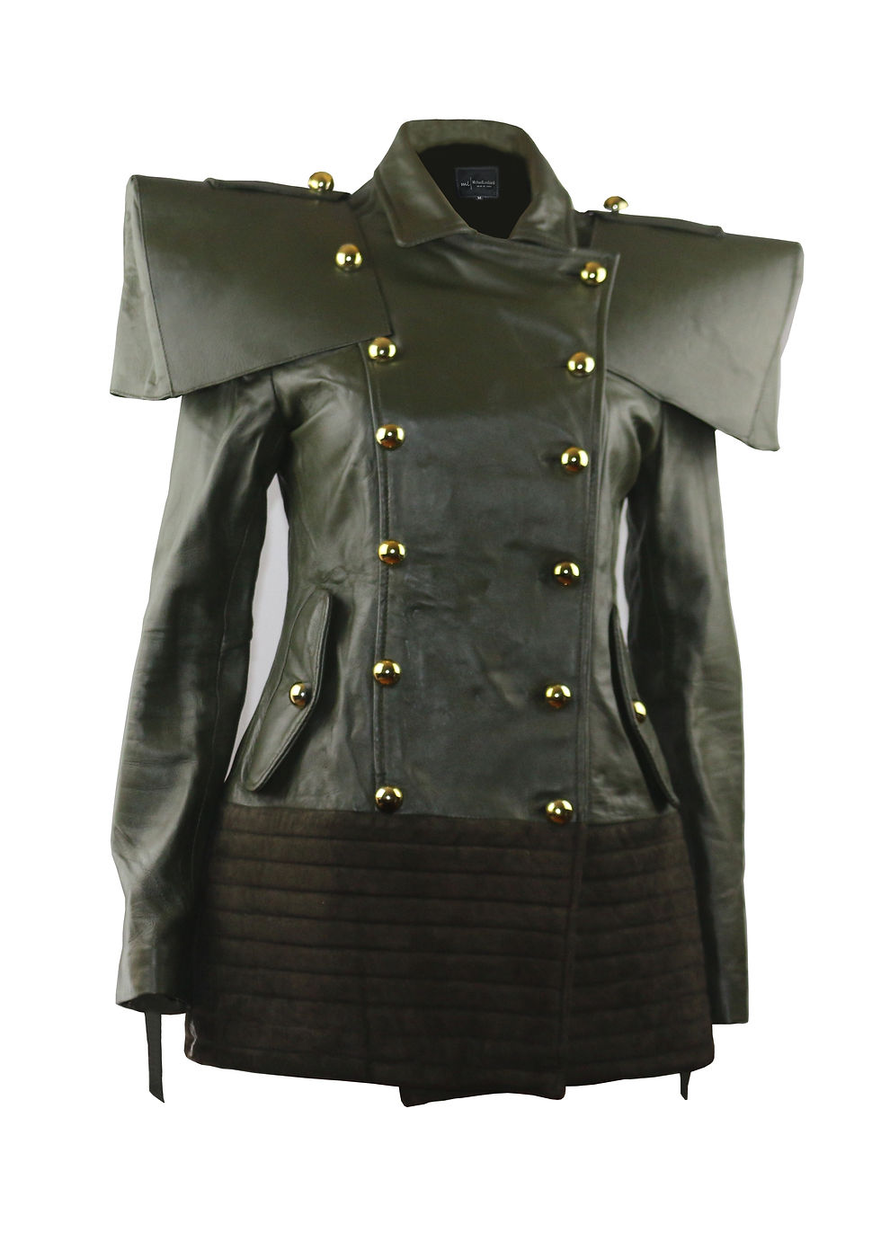 MAXIMILLION- Army Green Double Breasted Wide Shoulder Leather and Suede Jacket
