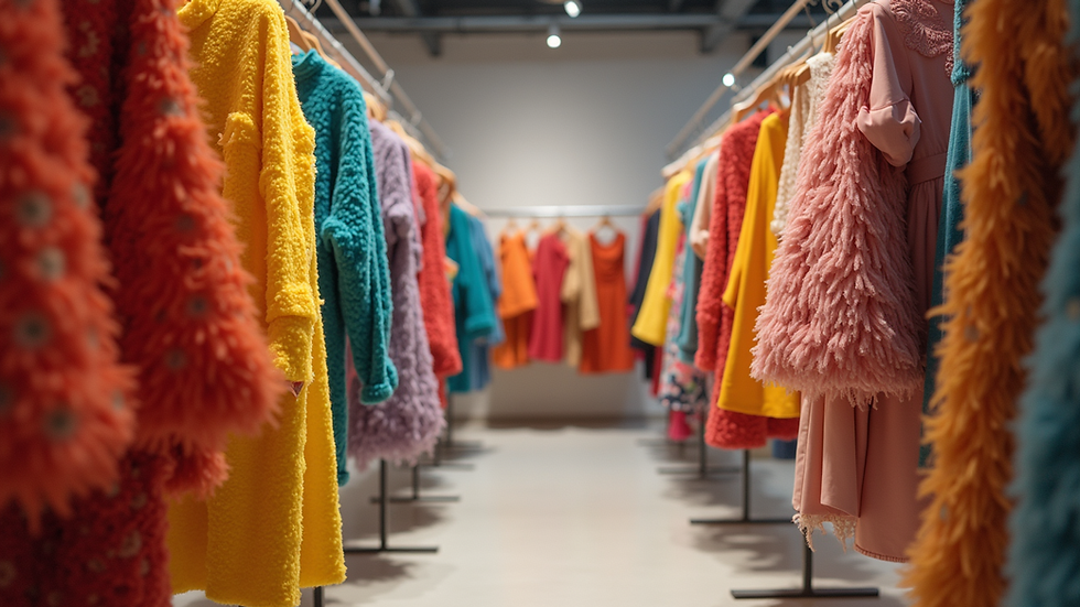 Eye-level view of a colorful clothing display featuring whimsical fashion pieces