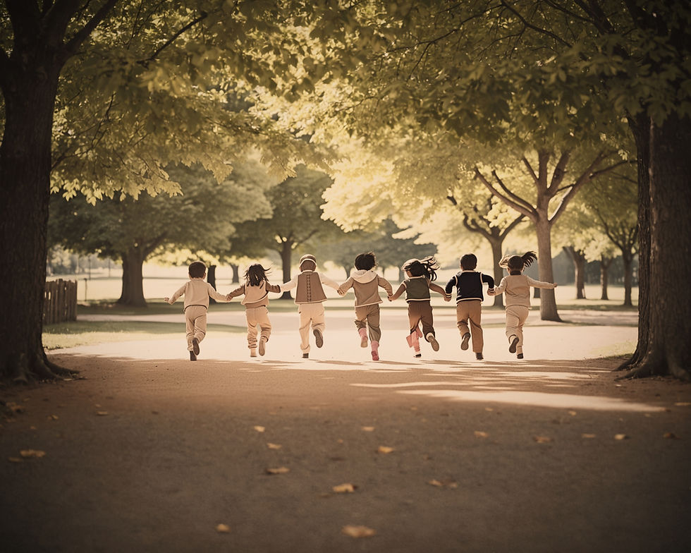kids running away from the camera, some holding hands and others just running, in a park w