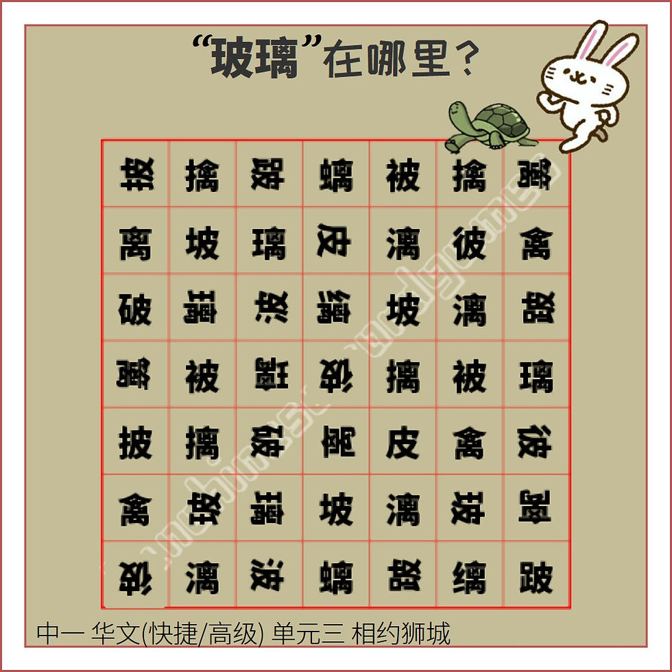 Search among lookalikes for the Chinese word 玻璃. The characters are from 单元三 相约狮城 of Sec 1 Express/Higher Chinese textbook 《华文伴我行》. The characters & lookalikes are set in a grid.