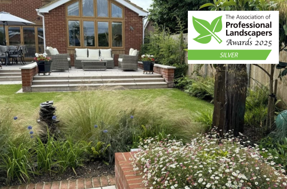 Front and back garden design in Flitton featuring integrated water features, defined outdoor areas and wildlife-friendly as the garden becomes established.