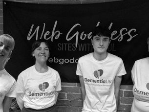 Photo of the Web Goddess team all wearing Dementia UK t-shirts and celebrating the fundraising target of £621 that we reached for the charity in January 2026.
