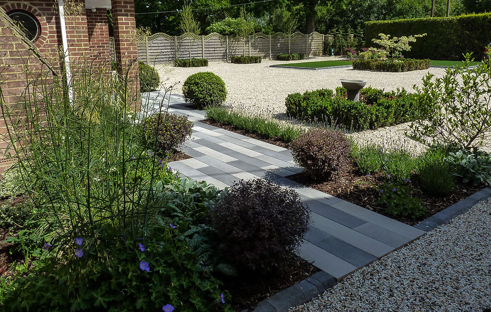 Contemporary garden path with structured planting and clean lines, creating a modern and low maintenance front garden
