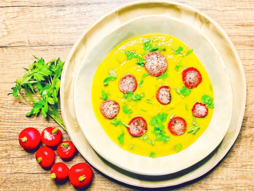 "Eat your Greens” Soup with Sumac Radish Croutons
