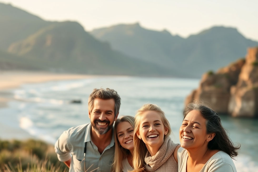 A photo-realistic scene of a joyful multi-generational family on vacation, positioned in t