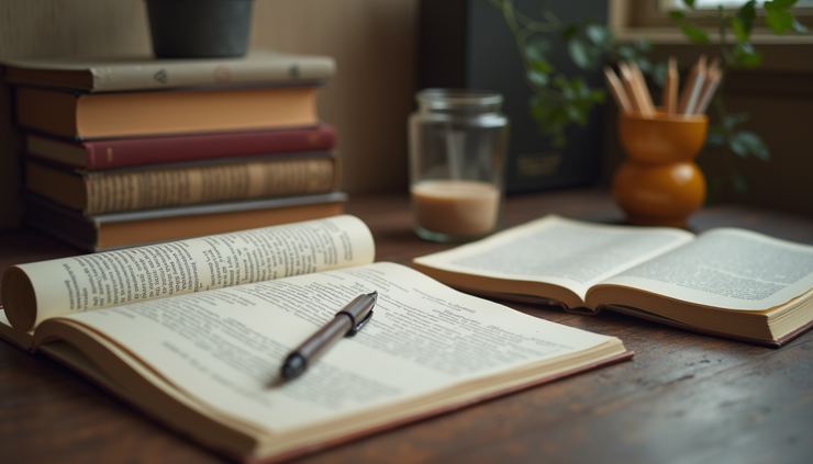 Eye-level view of a cozy study desk with language books and a notebook