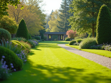 Well-maintained residential lawn and landscaping as part of property maintenance services