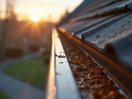 Clogged residential gutters filled with leaves and debris before professional cleaning and repairs.