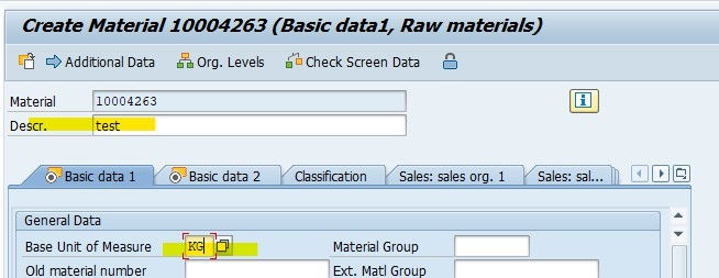 Entering material details such as description and base unit of measure
