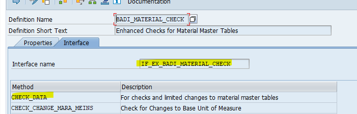 SAP BADI_MATERIAL_CHECK interface screen showing IF_EX_BADI_MATERIAL_CHECK with methods like CHECK_DATA