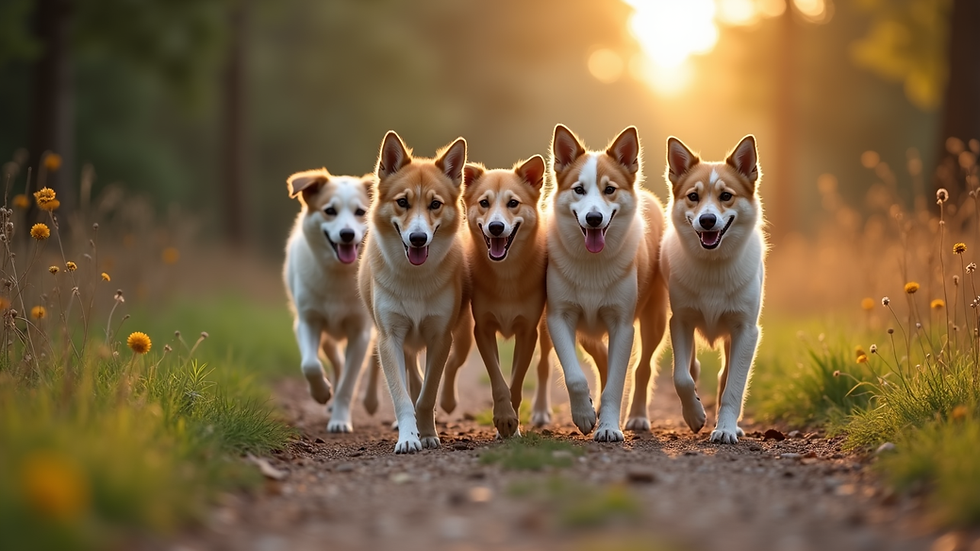 Eye-level view of a group of dogs walking together on a trail