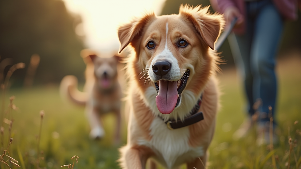 Eye-level view of a dog walking happily on a leash during a pack walk