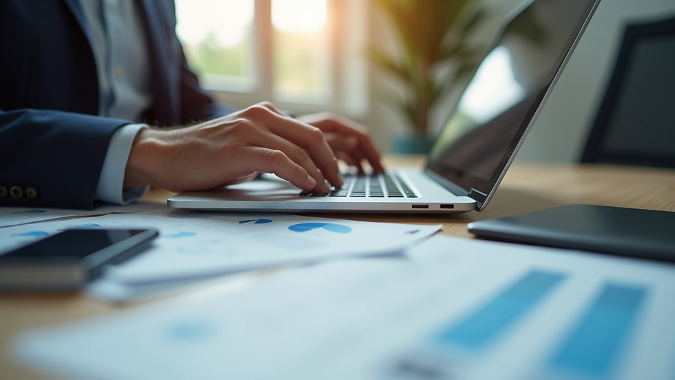 Close-up view of a business owner reviewing financial reports with a laptop