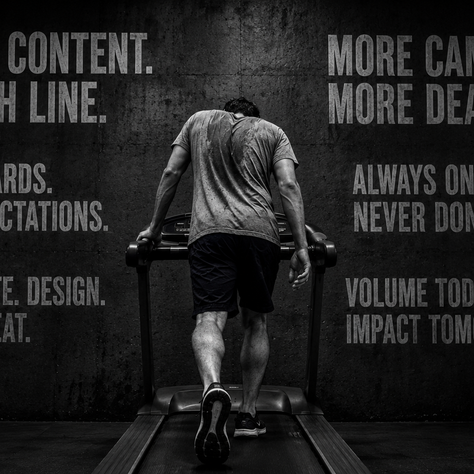 Exhausted marketer slumped over the rails of a treadmill, seen from behind, against a concrete wall stencilled "endless content," "more content all the time," "tight deadlines," "never enough."