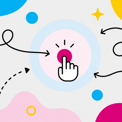 Illustration of a cursor hand pressing a glowing pink button surrounded by swirling arrows and abstract shapes, representing the click as the center of software design at the moment it's being displaced by agentic AI.