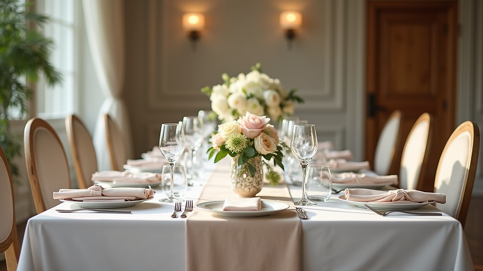 Eye-level view of elegant wedding table setup with rented linens and centerpieces