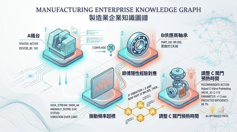 製造業企業知識圖譜實體與關聯示意圖-A機台軸承異常與Agentic AI推論