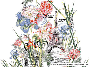 Illustration of Paris landmarks, flowers, and 'Bonjour PARIS'
